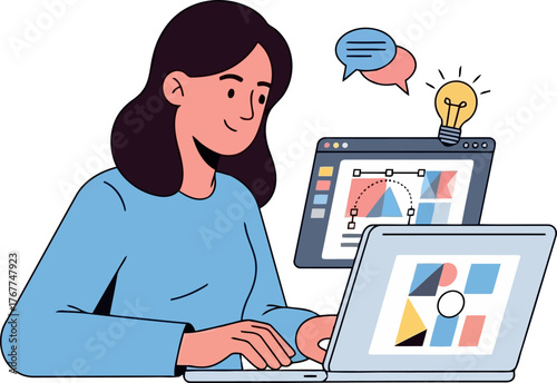 Young woman working on laptop with design software she is creating graphic content with idea and communication