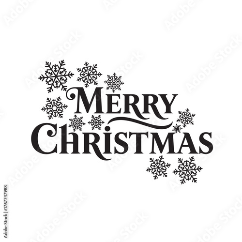 Silhouette of “Merry Christmas” typography with snowflakes, white background