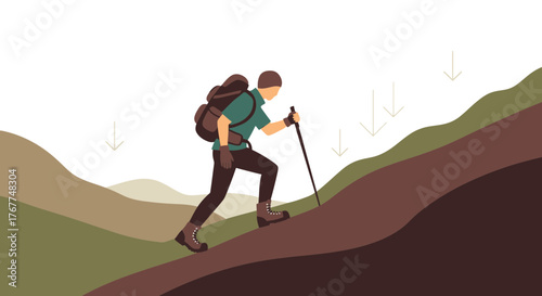 Adventurer Ascending A Mountain Slope: Hiking Journey and Outdoor Exploration
