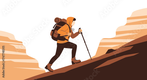 Adventurer Ascending A Mountain Slope With Backpack And Hiking Poles For Exploration
