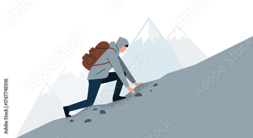 Adventurer Ascending A Mountain Slope: An Illustration Demonstrating Perseverance And Determination