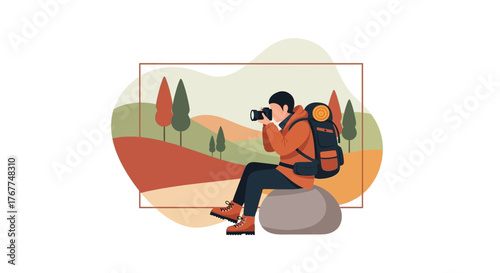 Adventurer Capturing Landscape Imagery With Camera In Autumnal Mountain Scene