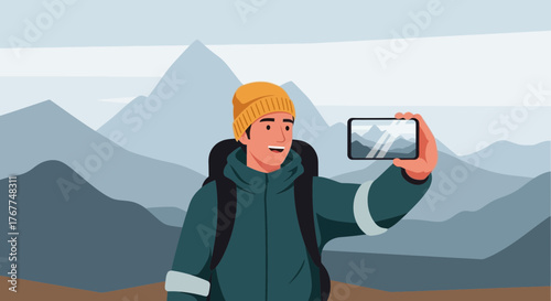 Adventurer Capturing Mountain Serenity With A Smartphone Technology At High Altitude Photography