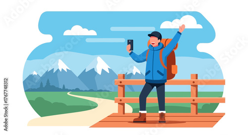 Adventurer Capturing Mountain View with Smartphone For Sharing on Social Media