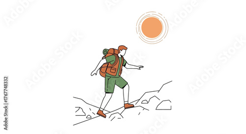 Adventurer Ascending A Mountain Toward The Sun With Vibrant Minimal Style