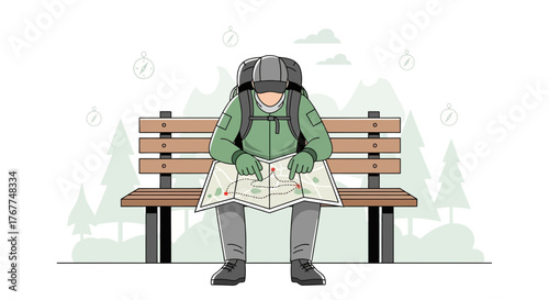 Adventurer Carefully Examines Route Map While Preparing For An Expedition Journey