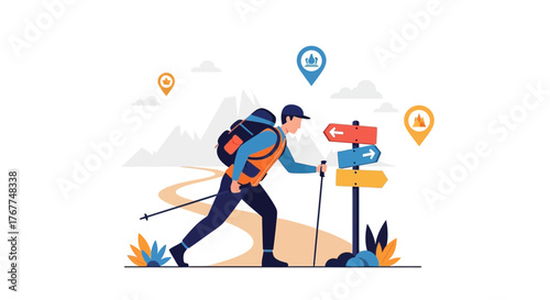 Adventurer Choosing Direction On A Hiking Trail With Map Pointers And Mountains In The Distance