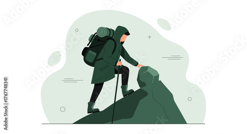 Adventurer Ascending A Mountain Toward The Top Showing Determination And Perseverance