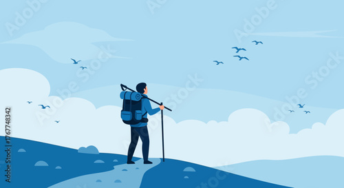 Adventurer Ascending A Mountain Trail, Observing Flying Birds And The Vast Horizon