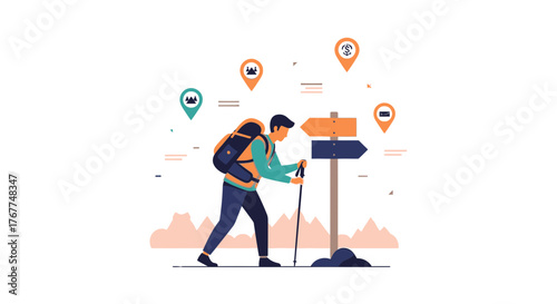 Adventurer Choosing His Path, Navigating Directions, and Exploring New Destinations