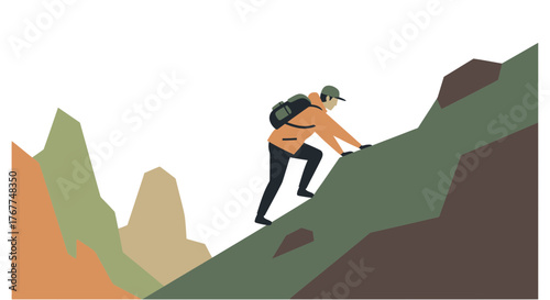 Adventurer Ascending A Mountain, Climbing In Nature Adventure, Outdoor Exploration Scene