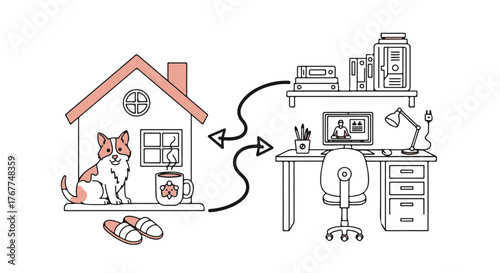 A cute dog sits by the window of a house looking out at a desk with a computer and office supplies symbolizing remote work and the connection between home and office life