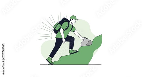 Adventurer Ascending A Mountain, Illustration Depicts Hiking And Outdoor Climbing Activity