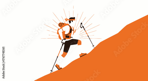 Adventurer Ascending A Mountain, Illustration Depicting Courage, Ambition, and Achievement