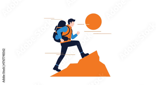 Adventurer Ascending A Mountain, Climbing To Achieve Goals, With Bright Sun Overhead