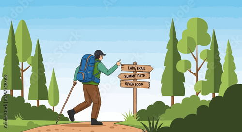 Adventurer Choosing Trail Direction with Backpack and Hiking Stick Amid Nature's Beauty