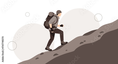 Adventurer Ascending A Mountainous Slope During A Trekking Expedition Journey