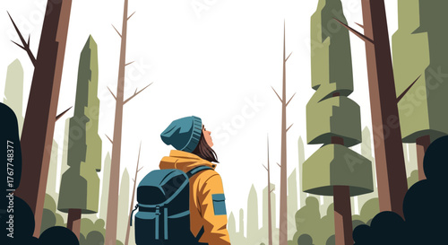 Adventurer Contemplating Forest Serenity Beneath Minimalist Stylized Landscape Scene