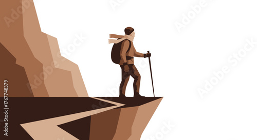 Adventurer Contemplates Vast Horizons On Mountain Ledge After Grueling And Challenging Ascent