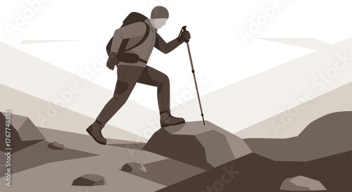 Adventurer Ascending A Mountainous Terrain with Hiking Gear and Trekking Pole for Exploration