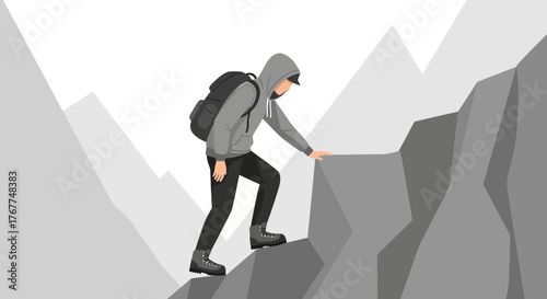 Adventurer Ascending A Rocky Peak With A Backpack And Determination Towards Success