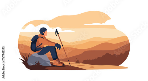 Adventurer Contemplating Majestic Landscape After A Long Journey To The Mountains