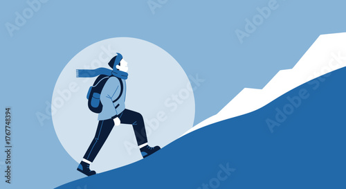Adventurer Ascending A Snowy Mountain In The Pursuit Of Higher Altitude And Adventure