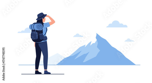 Adventurer Contemplating Majestic Mountain Range, Prepared For Exploration and Outdoor Pursuits