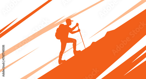 Adventurer Ascending Mountain Slope With A Striking Orange And White Background Design