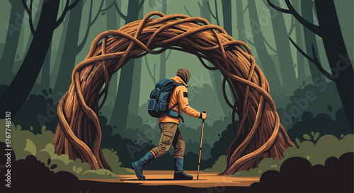 Adventurer Entering Forest Archway, Hiking Through Woods With Backpack and Walking Stick