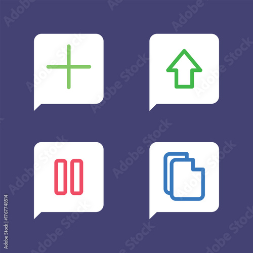 Collection of Colorful Speech Bubble Icons Plus, Upload, Pause & Copy
