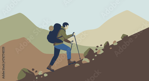 Adventurer Ascending Mountain Slope With Backpack And Trekking Poles In Illustration