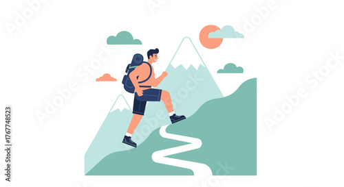 Adventurer Ascending Mountain Slope, Depicting Journey, Courage, and Determination