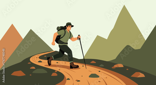 Adventurer Ascending Mountain Trail Representing Determination, Activity, and Excursion