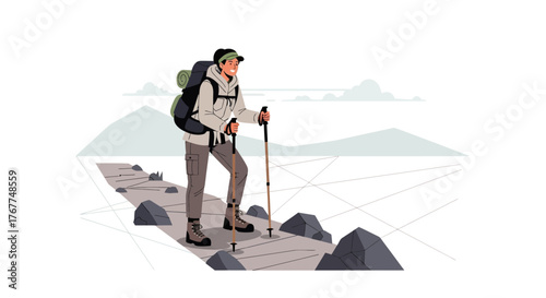 Adventurer Ascending Mountain Trail With Hiking Gear: A Journey Of Discovery