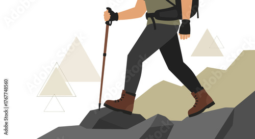 Adventurer Ascending Mountain With Trekking Pole During Sunny Day Activities