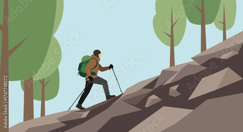 Adventurer Ascending Rocky Terrain Amidst Verdant Foliage Towards Upward Challenges