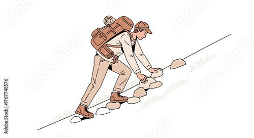 Adventurer Ascending Rocky Terrain Carrying Backpack Reaching Higher Elevations