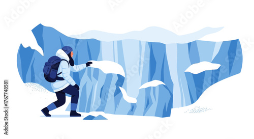 Adventurer Exploring a Crystalline Glacier Surrounded by the Dramatic Snowy Terrain