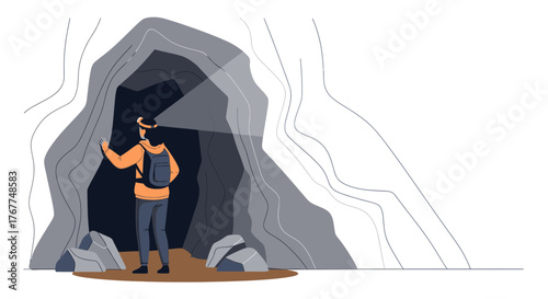 Adventurer Explores The Dark Cave With Headlamp Discovering Hidden Passageways  Inside