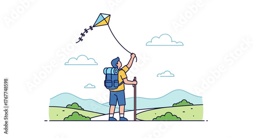 Adventurer Flying a Kite Enjoying Nature and Engaging in Outdoor Activities