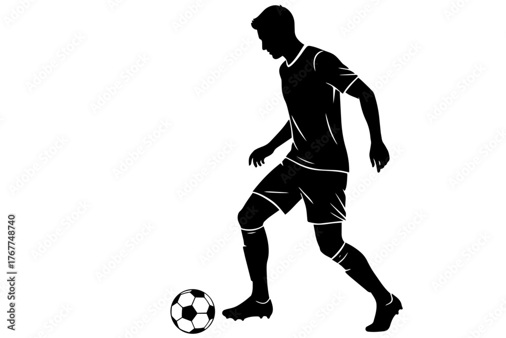 Obraz premium Silueta de un Jugador de futbol con una pelota, vista de perfil, deporte, elegante, blanco y negro, diseño minimalista, ilustración vectorial. 