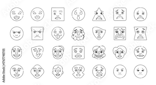 Collection of hand drawn outline emoji faces expressing a wide range of emotions and moods in a simple minimalist line art style on a white background