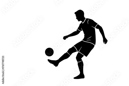 Silueta de un Jugador de futbol con una pelota, vista de perfil, deporte, elegante, blanco y negro, diseño minimalista, ilustración vectorial. 
