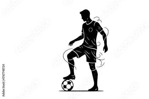 Silueta de un Jugador de futbol con una pelota, vista de perfil, deporte, elegante, blanco y negro, diseño minimalista, ilustración vectorial. 