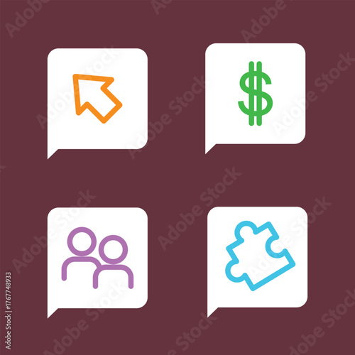 A colorful set of business icons in speech bubbles representing finance, teamwork,strategy, and direction for digital communication
