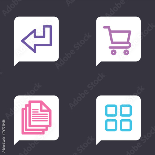 Set of modern user interface icons including arrow, shopping cart, documents, and grid menu for website design