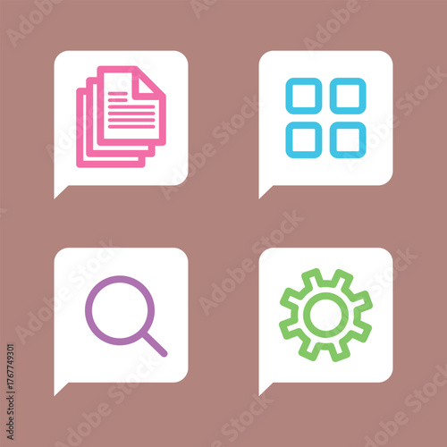 User Interface Elements Icons representing documents, menu, search, and settings in a modern style