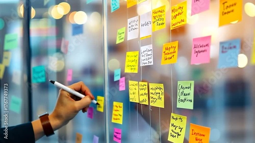 Hand writing notes on colorful sticky notes on a glass wall
