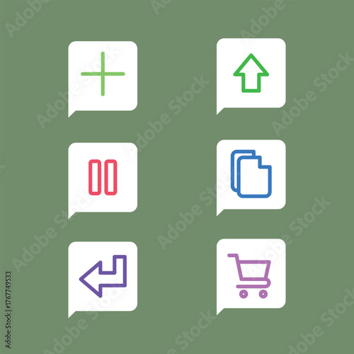 Set of Colorful Speech Bubble Icons for Web and Mobile Interfaces Add, Upload, Pause, Folders, Back, and Shopping
